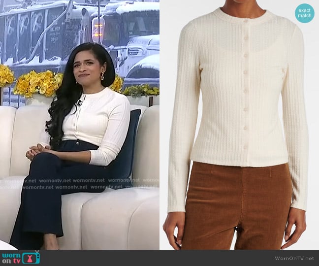 Veronica Beard Lira Pointelle Cardigan in Ecru worn by Maya Shankar on Today