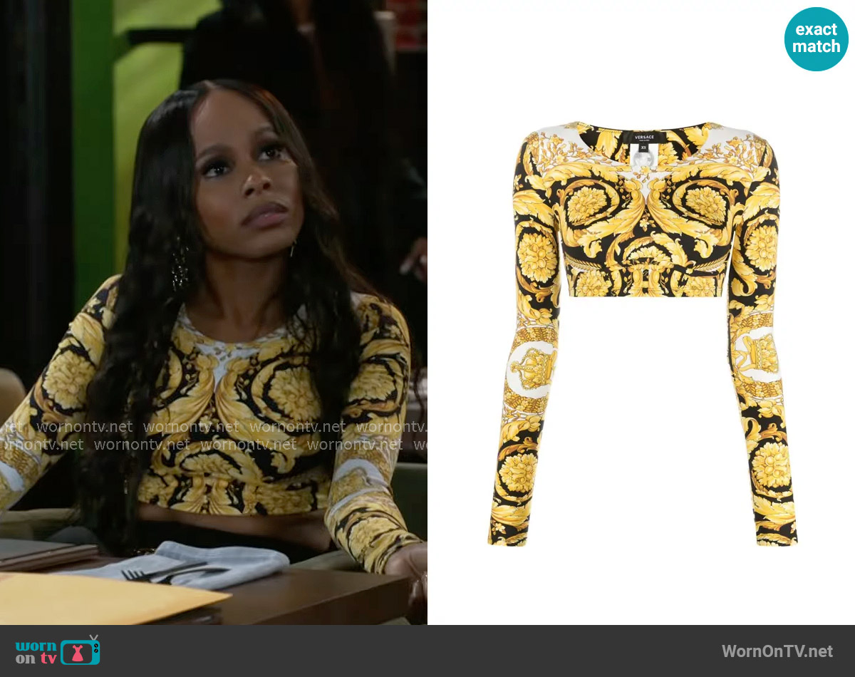 Versace Barocco-print crop top worn by Hayley Lawson (Marquita Goings) on Beyond the Gates