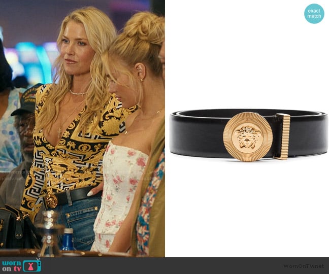 Versace Medusa Biggie leather belt worn by Angela Norris (Ali Larter) on Landman