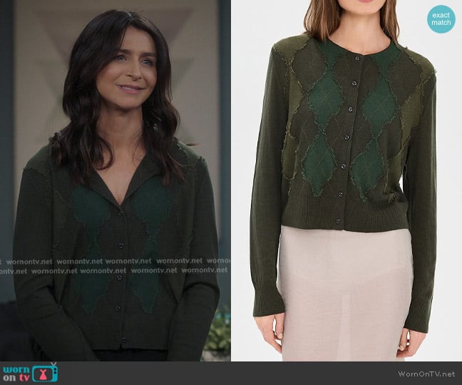 Vince Hand Cut Argyle Cardigan in Herba/Forest/Verde worn by Amelia Shepherd (Caterina Scorsone) on Greys Anatomy