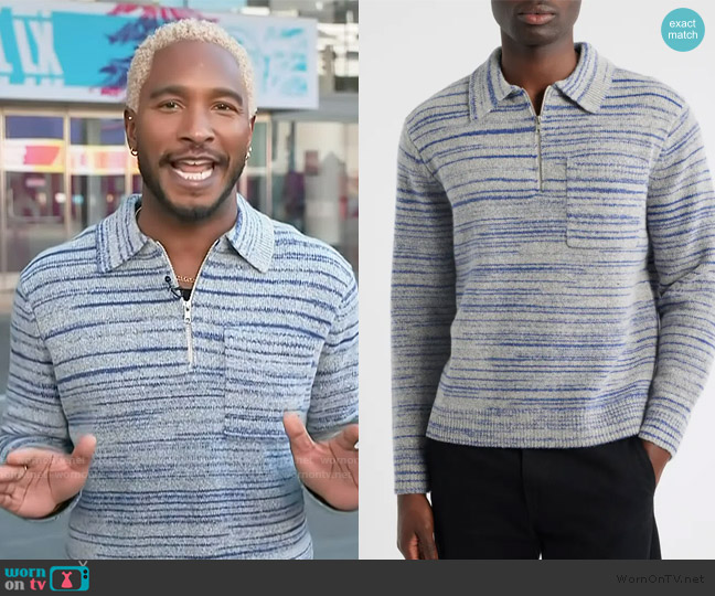 Wax London Alpha Random Space Dye Zip Polo Sweater worn by Scott Evans on Access Hollywood