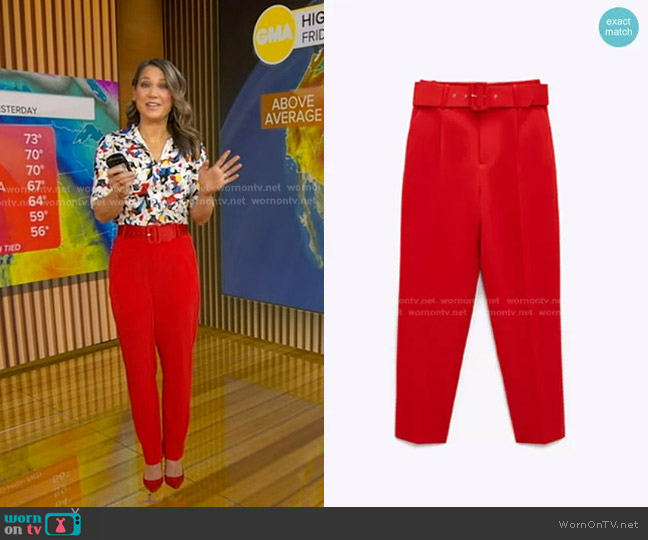 Zara High-Waisted Belted Pants worn by Ginger Zee on Good Morning America