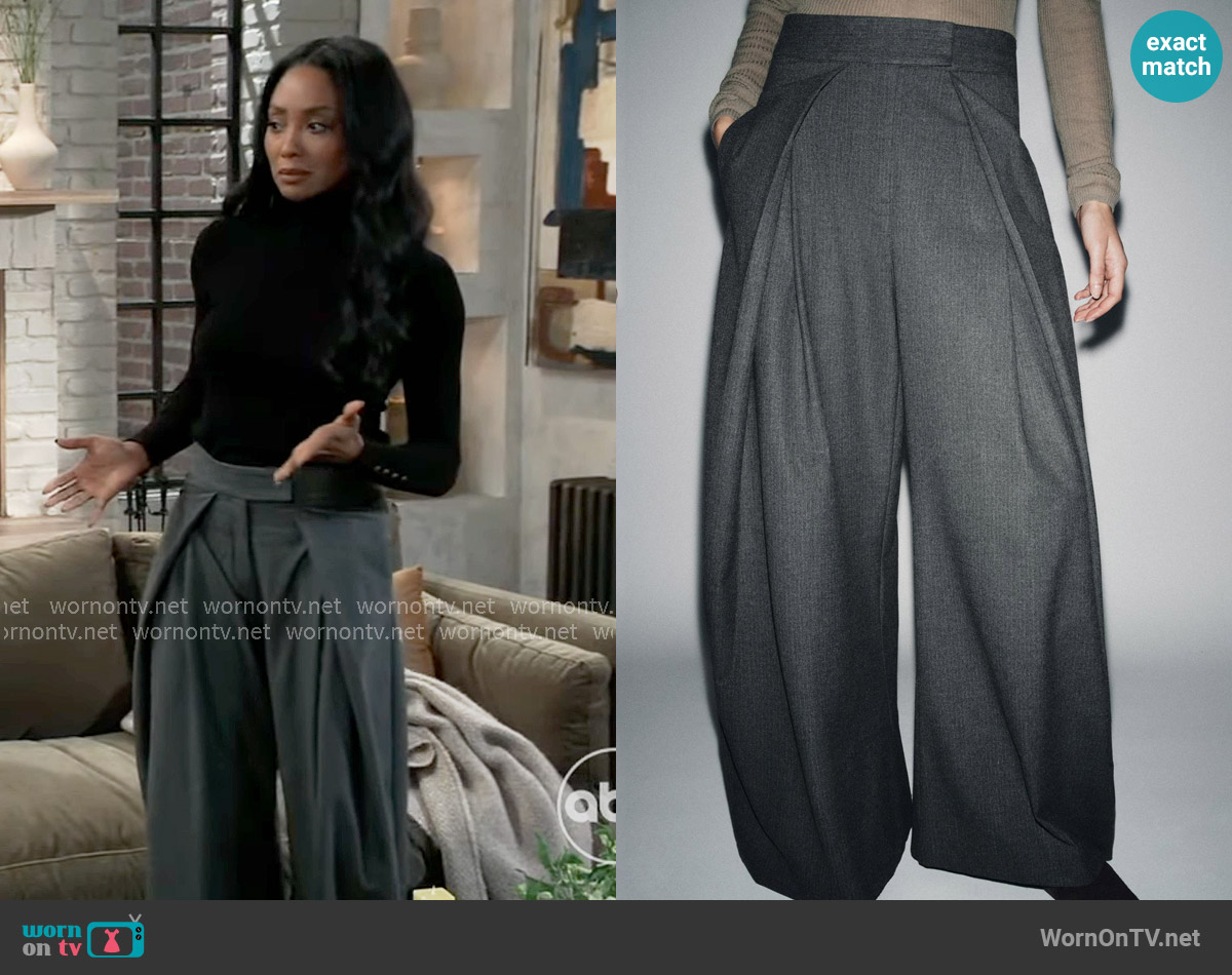 Zara Pinstripe Wide Leg Pleated Pants worn by Jordan Ashford (Tanisha Mariko Harper) on General Hospital