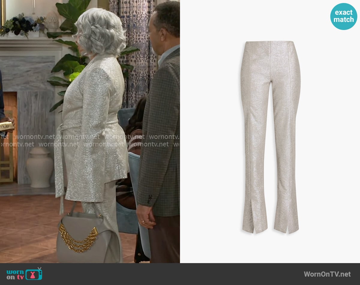 Zimmermann Metallic cotton-bouclé straight-leg pants worn by Anita Dupree (Tamara Tunie) on Beyond the Gates