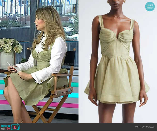 Zimmermann Rebellion Draped Linen & Silk Fit & Flare Minidress in Palm worn by Nikki Novak on Today