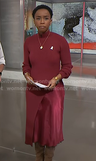 Zinhle’s red ribbed asymmetric sweater on NBC News Daily