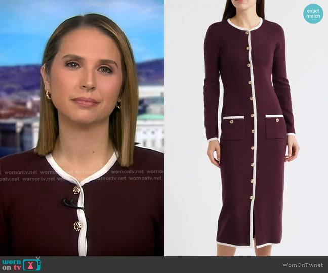 Zoe and Claire Long Sleeve Knit Midi Dress in Plum Ivory worn by Elizabeth Schulze on Good Morning America