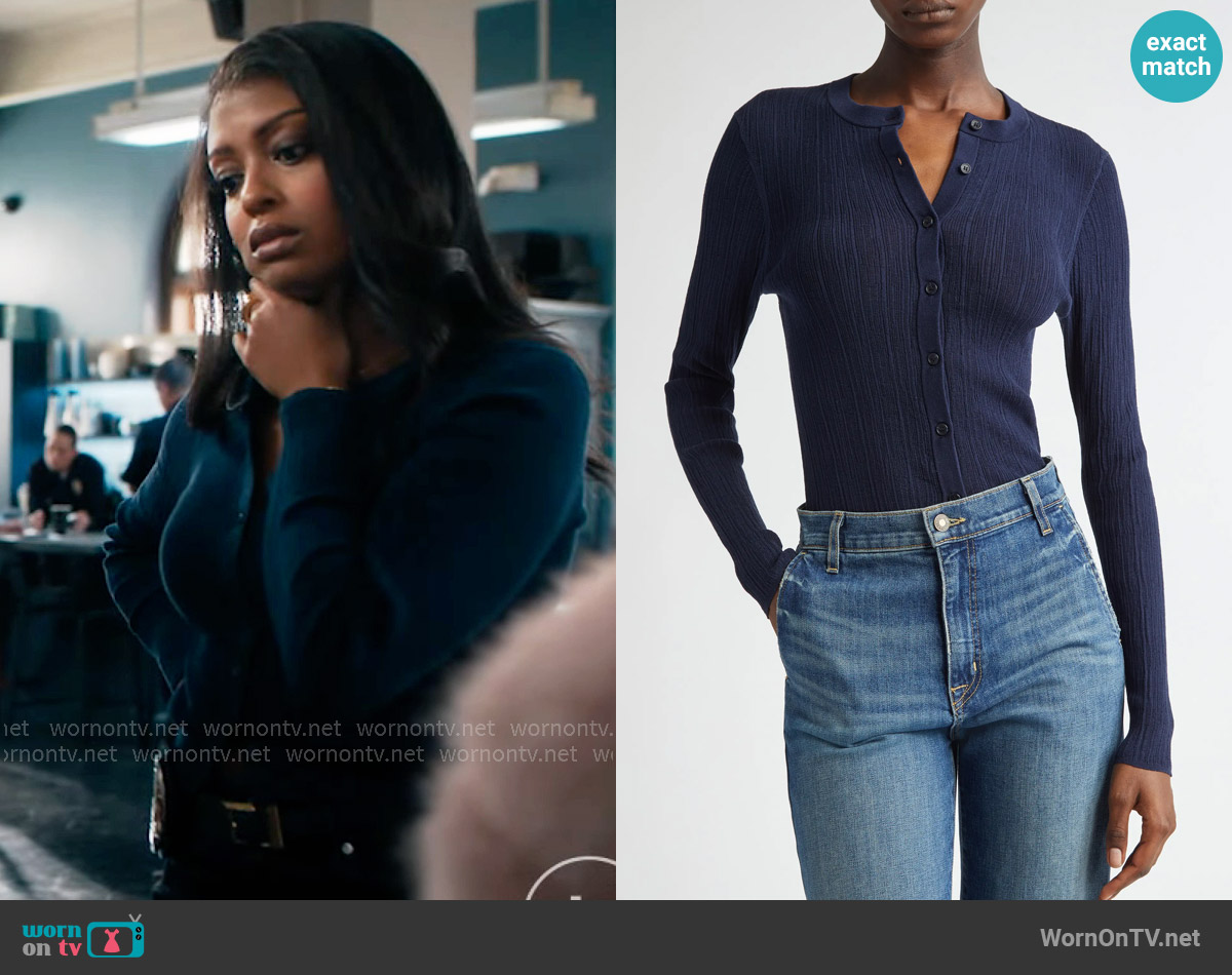 A.L.C. Fisher Rib Cardigan in Navy worn by Daphne (Javicia Leslie) on High Potential