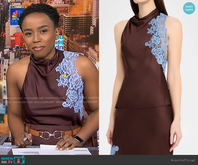 A.L.C. Rose Lace Appliqué Top in Ganache/ French Blue worn by Zinhle Essamuah on NBC News Daily