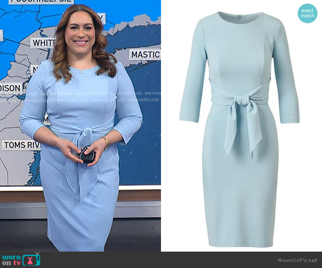 Adrianna Papell Tie Waist Crepe Sheath Dress in Blue Mist worn by Violeta Yas on NBC News Daily