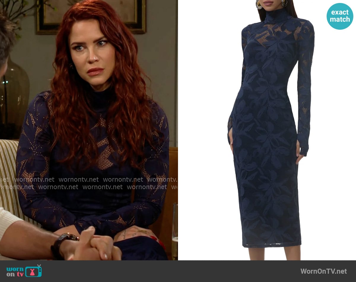 AFRM Shailene Floral Lace Dress in Black Iris worn by Sally Spectra (Courtney Hope) on The Young and the Restless