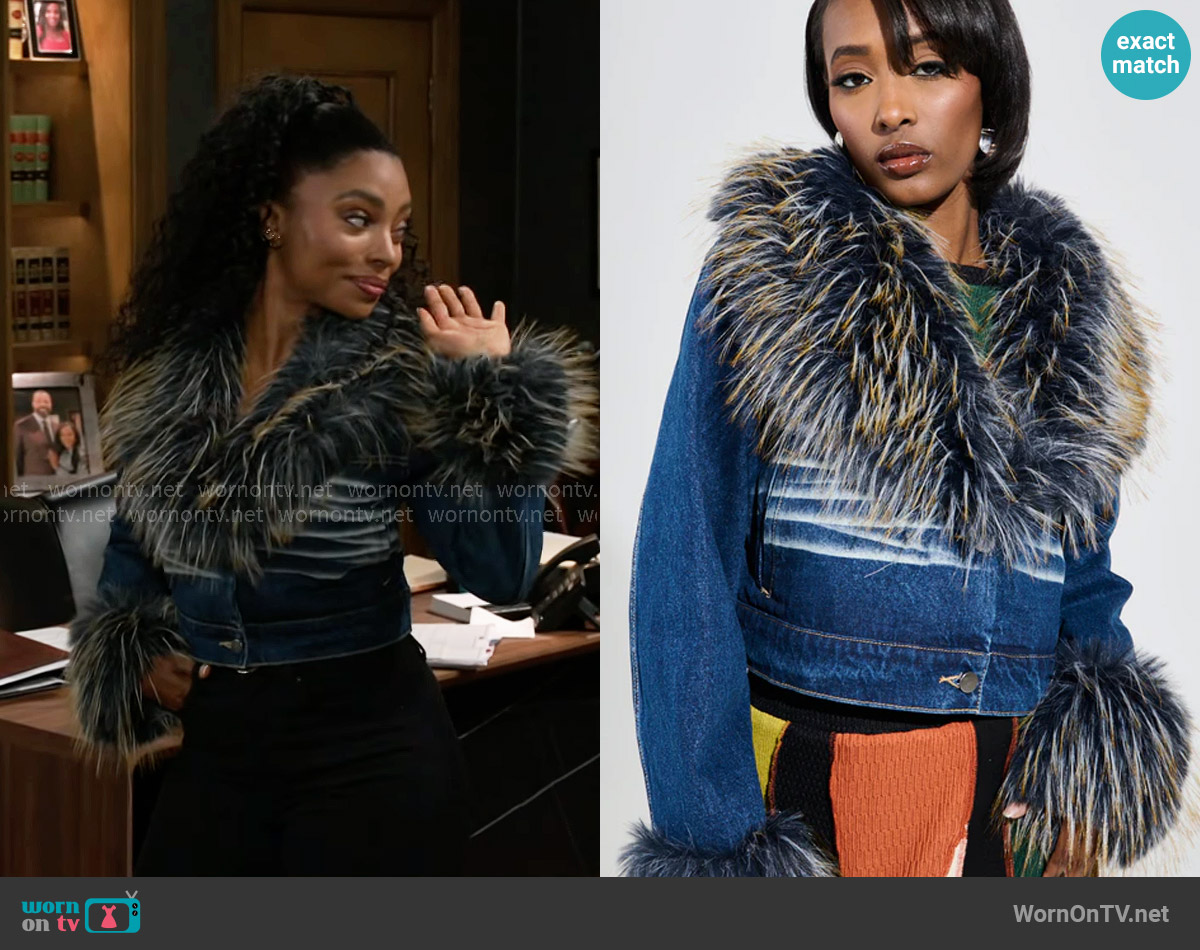 Akira Ad Astra Fur Trim Jacket in Dark Blue Denim worn by Lynette Wise (Dominique Madison) on Beyond the Gates