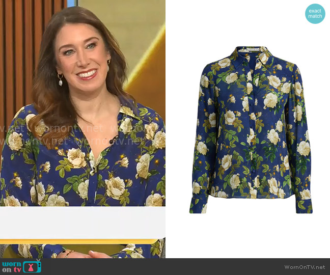 Alice + Olivia Eloise Blouse in Twilight Eden worn by Sarah Gelman on CBS Mornings