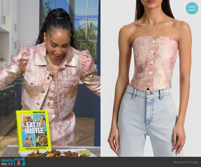 Alice + Olivia Kelcey Floral Jacquard Strapless Top in English Rose Toile worn by Robin Arzon on Good Morning America
