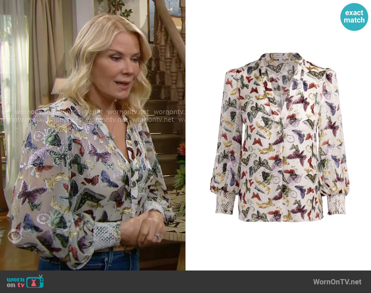 Alice + Olivia Sheila Blouse in Spread Your Wings worn by Brooke Logan (Katherine Kelly Lang) on The Bold and the Beautiful