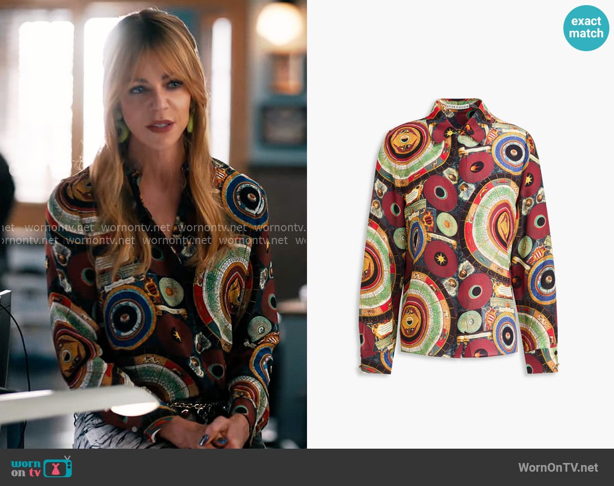 Alice + Olivia Willa Shirt in Hands of Time worn by Morgan Gillory (Kaitlin Olson) on High Potential