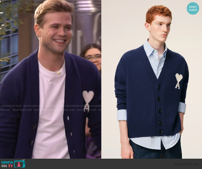 Ami Paris Blue Wool Ami De Coeur Cardigan worn by Leo Woodall on Live with Kelly and Mark