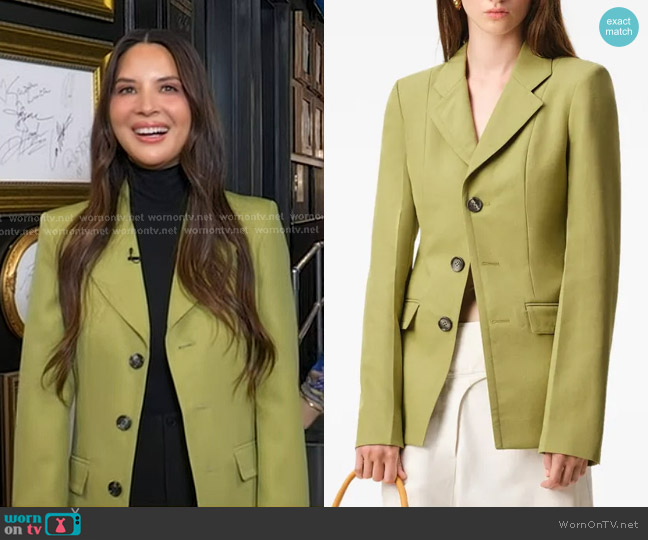 Ami Paris Wool Single Breasted Fitted Jacket in Matcha worn by Olivia Munn on Good Morning America