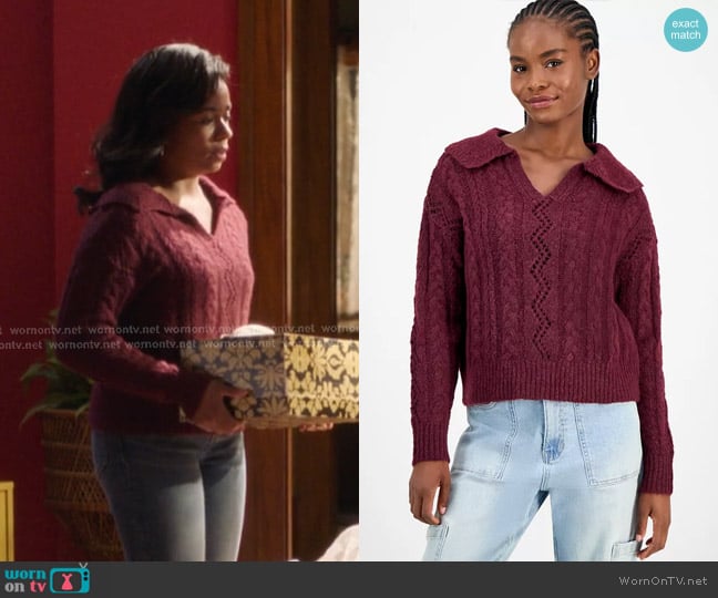 And Now This Cable-Knit Pointelle Polo Sweater in Deep Cranberry worn by Simone Griffith (Alexis Floyd) on Greys Anatomy