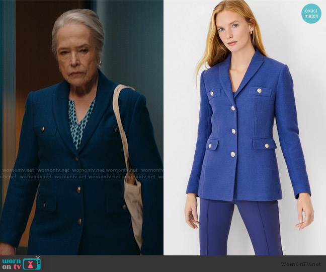Ann Taylor Long Tweed Jacket in Azurine Blue worn by Madeline Matlock (Kathy Bates) on Matlock