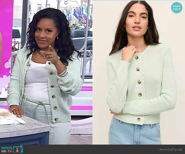 Ann Taylor Scalloped Trim Cardigan in Pale Aqua worn by Sheinelle Jones on Today
