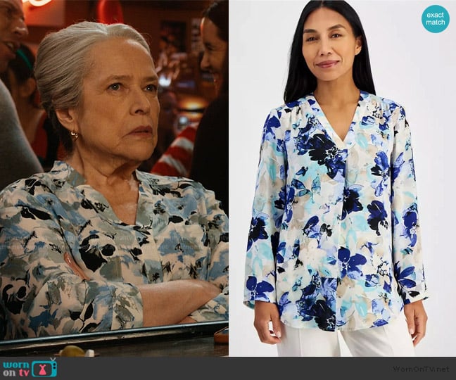 Anne Klein Floral Pleat-Front Roll-Tab Tunic worn by Madeline Matlock (Kathy Bates) on Matlock