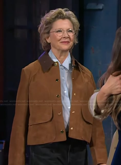 Annette Bening’s brown suede jacket on The Kelly Clarkson Show