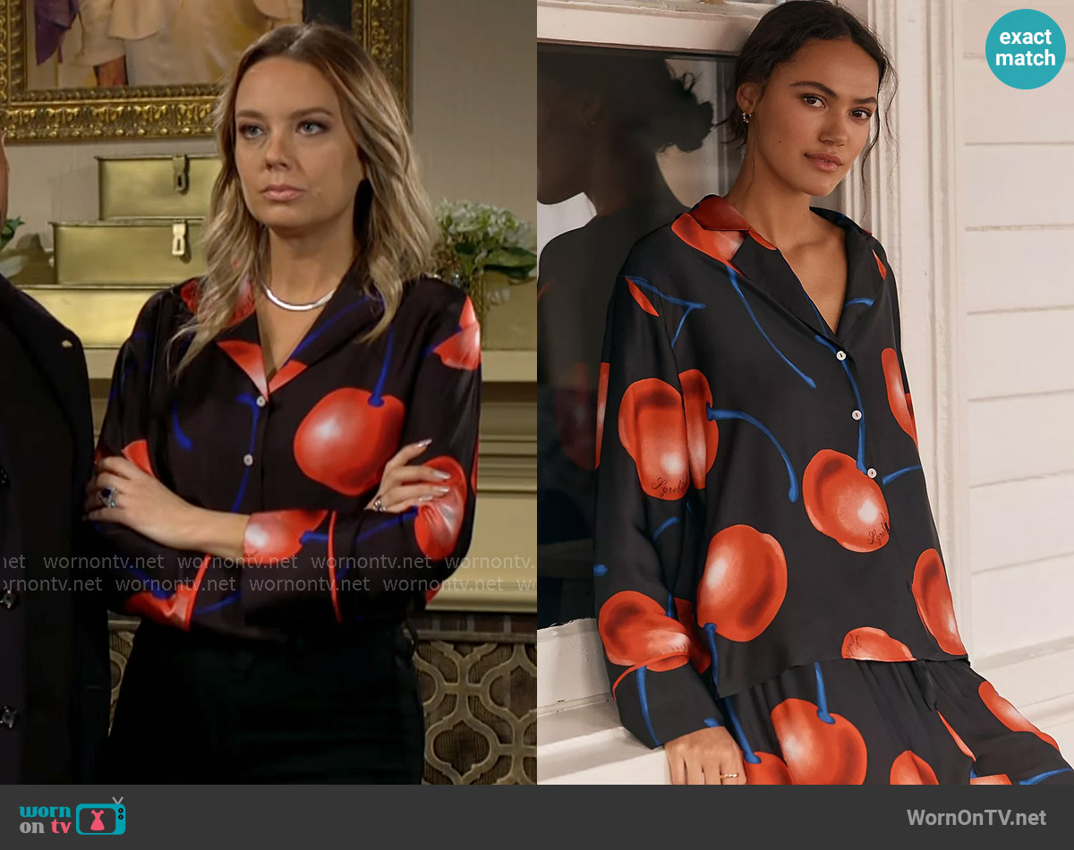 Anthropologie The LyreBird Silky Oversized Pajama Shirt worn by Abby Newman (Melissa Ordway) on The Young and the Restless