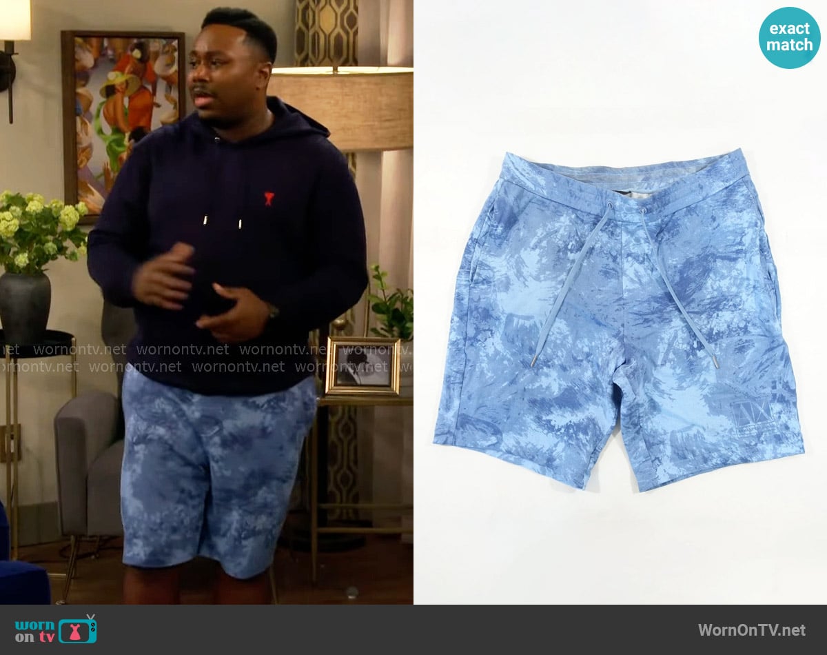 Armani Exchange Light Blue Camo Brushed Print Sweat Shorts worn by Marty (Marcel Spears) on The Neighborhood