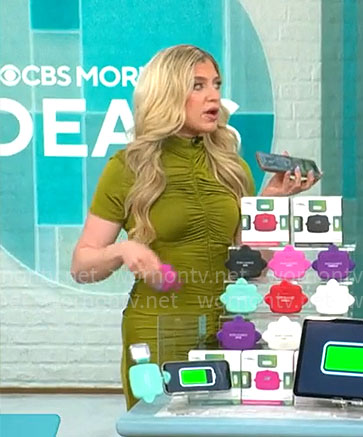 Ashley Bellman’s green ruched front midi dress on CBS Mornings