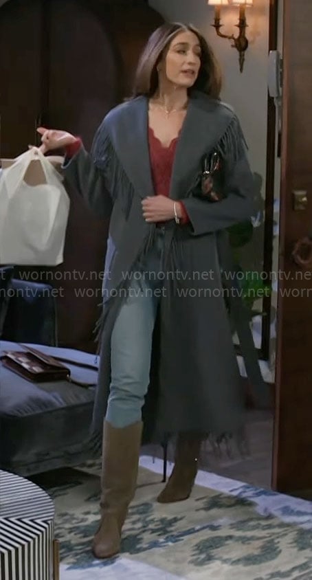 Ashley’s grey fringed coat on Beyond the Gates