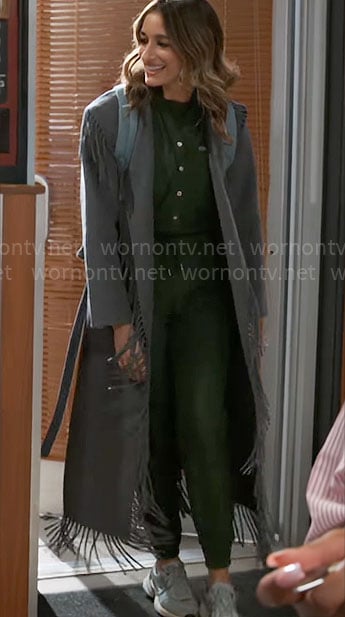 Ashley’s grey fringed coat on Beyond the Gates