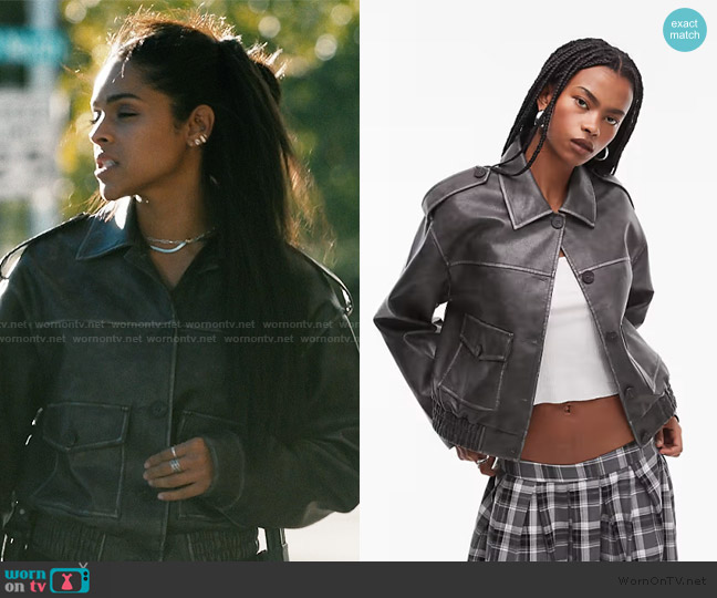 ASOS Faux leather cropped button thru patch pocket bomber jacket worn by Andrea Cruz (Ash Santos) on Marshals