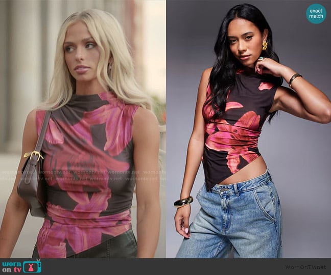 ASOS High neck gathered asymmetric hem slinky top in floral worn by Miranda McWhorter on The Secret Lives of Mormon Wives