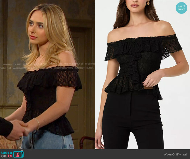 ASTR the Label Off-The-Shoulder Lace Ruffle Top worn by Holly Jonas (Ashley Puzemis) on Days of our Lives