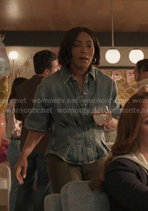 Athena’s gathered waist denim shirt on 9-1-1
