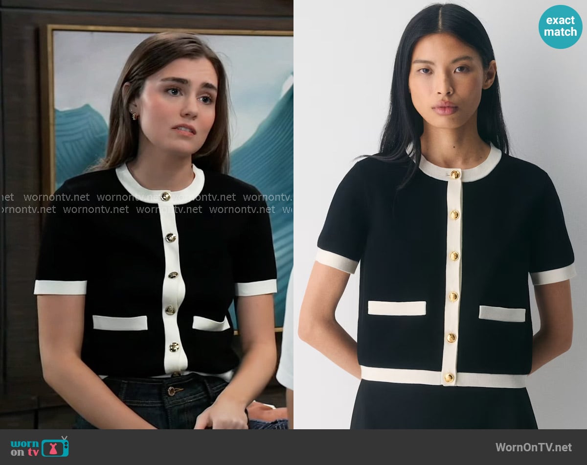 Babaton Approach Shortsleeve Cardigan in Black / Light Birch worn by Emma Scorpio-Drake (Braedyn Bruner) on General Hospital