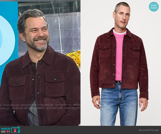 Banana Republic Oiled Suede Trucker Jacket in Classic Burgundy Red worn by Joshua Jackson on Today