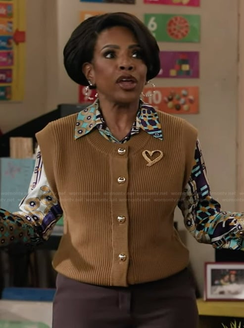Barbara’s beige button vest on Abbott Elementary