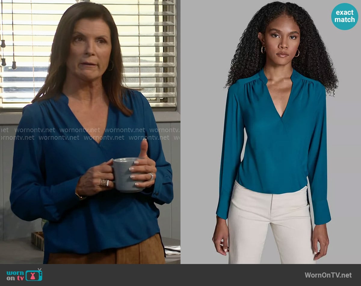 Bcbg Long-Sleeve Hi-Low Faux-Wrap Top in Cote Dazur worn by Sheila Carter (Kimberlin Brown) on The Bold and the Beautiful