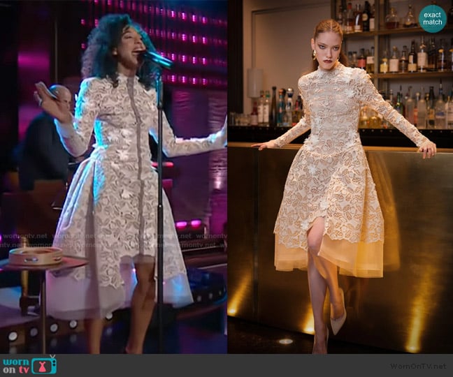 Bibhu Mohapatra Jasmine Web Lace Dress with Dropped Waist and Pleated Skirt worn by Corinne Bailey Rae on The Kelly Clarkson Show