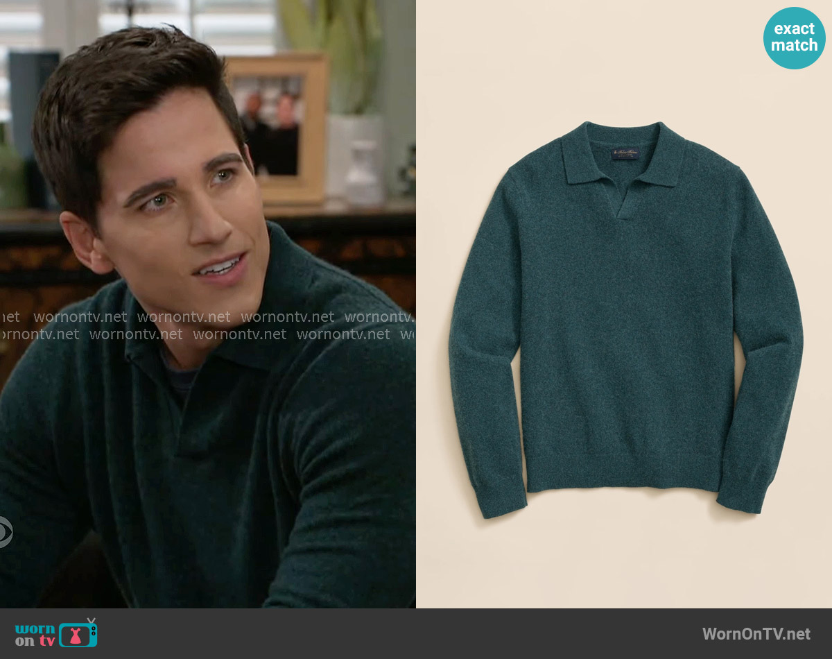 Brooks Brothers 3-Ply Cashmere Jonny Collar Polo Sweater in Teal worn by Bradley 'Smitty' Smith (Mike Manning) on Beyond the Gates