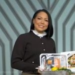 Stephanie’s brown ruffle collar cardigan and mini skirt on Good Morning America