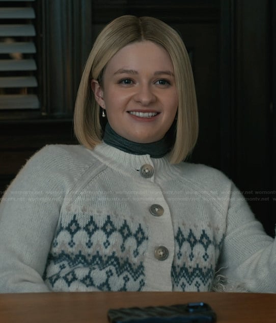Brynlynn’s white fairisle cardigan on Elsbeth