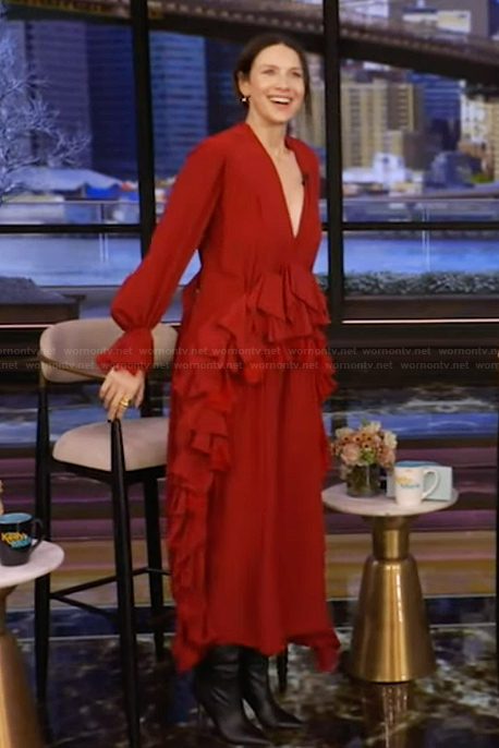 Caitriona Balfe’s red ruffle dress on Live with Kelly and Mark