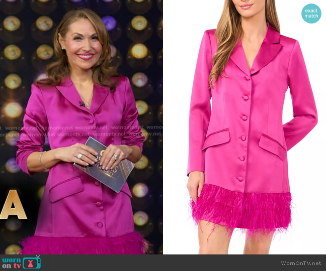 Cece Feather Trim Satin Blazer Dress in Deep Orchid worn by Lori Bergamotto on Good Morning America