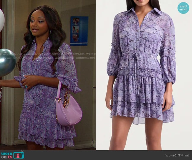 Cinq a Sept Painted Hydrangea Marsea Ruffle Chiffon Shirtdress worn by Chanel Dupree (Raven Bowens) on Days of our Lives