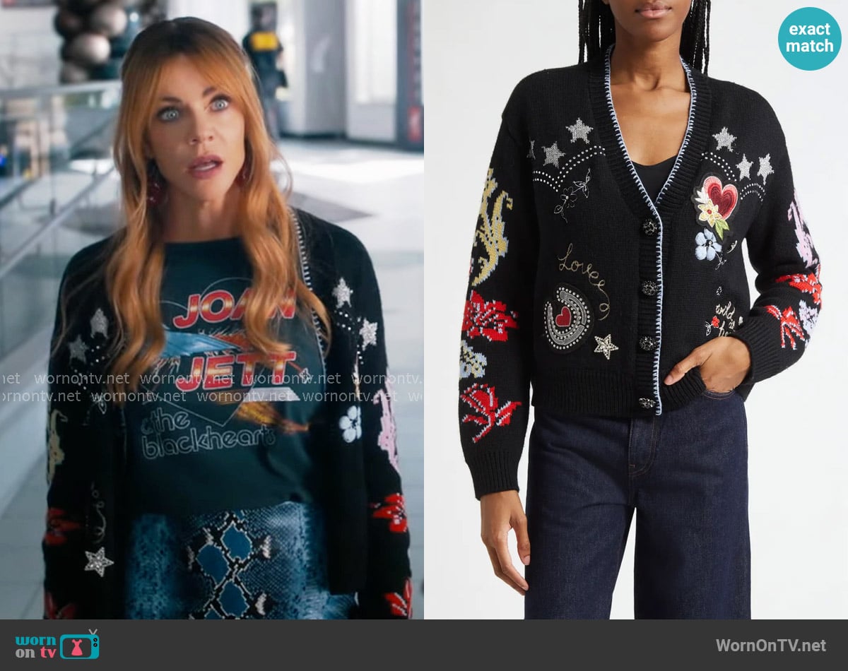 Cinq a Sept Western Collage Wool Blend Cardigan worn by Morgan Gillory (Kaitlin Olson) on High Potential