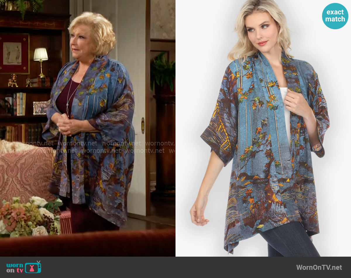 Citron Flowers Over Water Silk Blend Kimono Jacket worn by Traci Abbott (Beth Maitland) on The Young and the Restless