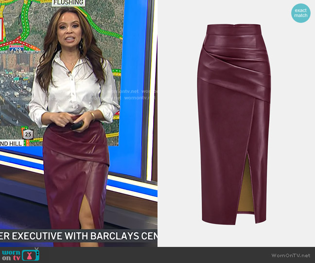 Commense Ruched Slit PU Leather Midi Skirt in Burgundy worn by Adelle Caballero on Today